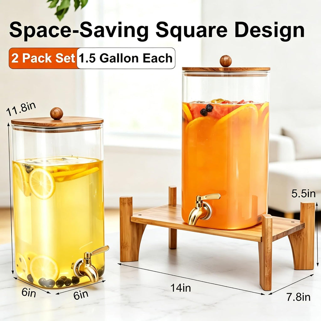 1.5 Gallon Square Drink Dispensers for Parties,Beverage Dispenser with Wood stand&Lid,Large Water Dispenser - Set of 2
