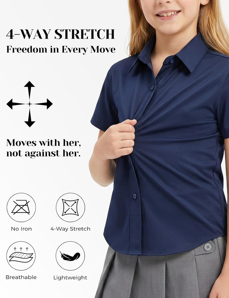 Girls Short Sleeve Dress Shirt Kids Stretch Wrinkle-Free Button Down Shirt School Uniform Blouse