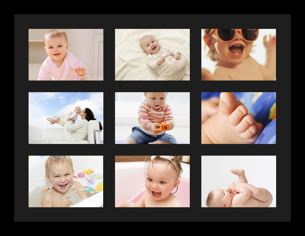Collage Photo Frame Single Mat with 9-5x7 Openings with Satin Black Frame and Black mat.