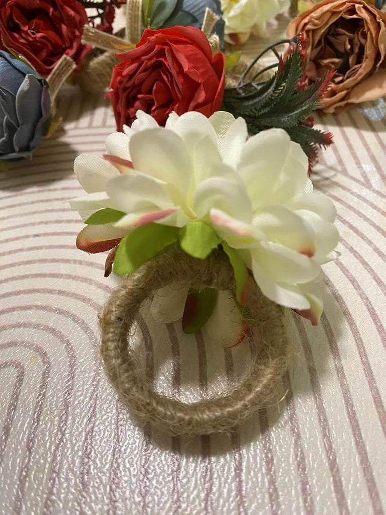 White Floral Napkin Rings,Rustic Rose Napkin Rings Flower Dinner Napkin Holder for Table Decoration - Set of 6