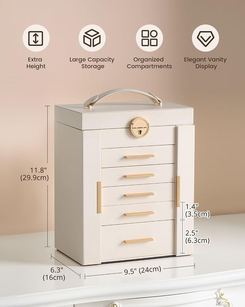 Large Jewelry Box, 6-Layer Jewelry Organizer with 5 Drawers -Beige
