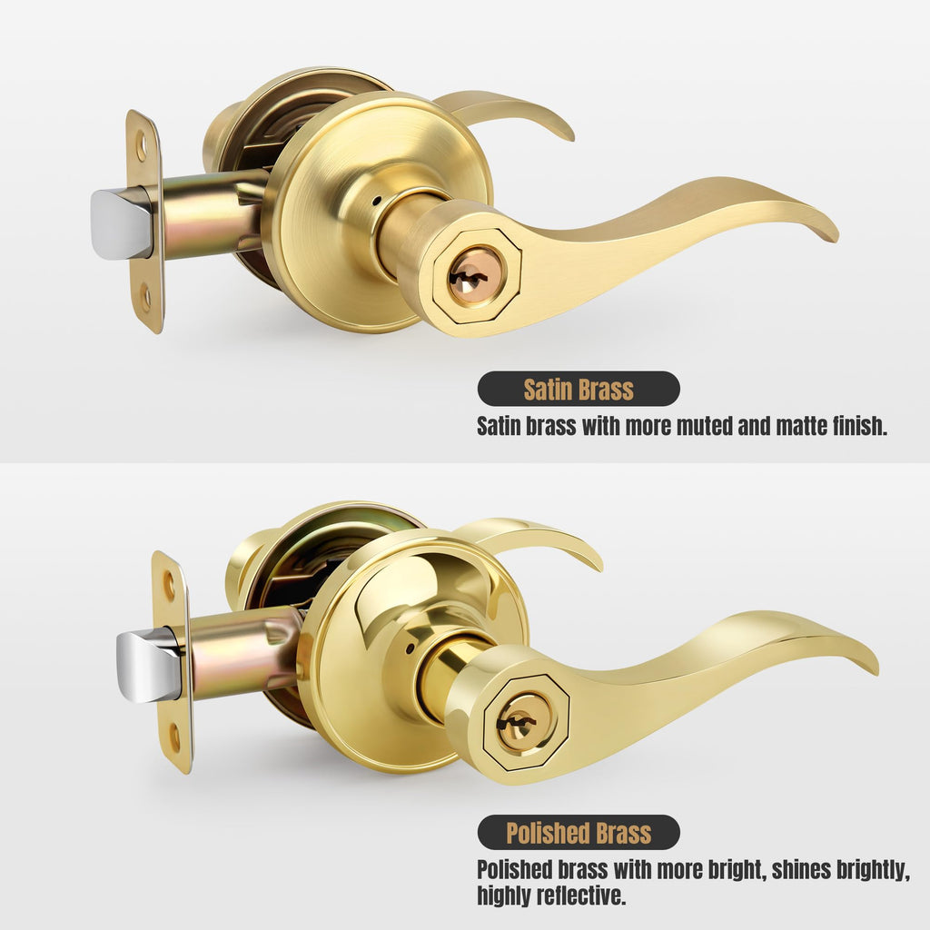 Wave Style Entry Door Handle with Keys, Keyed Door Lever with Lock for Front/Entrance in Polished Brass Finish