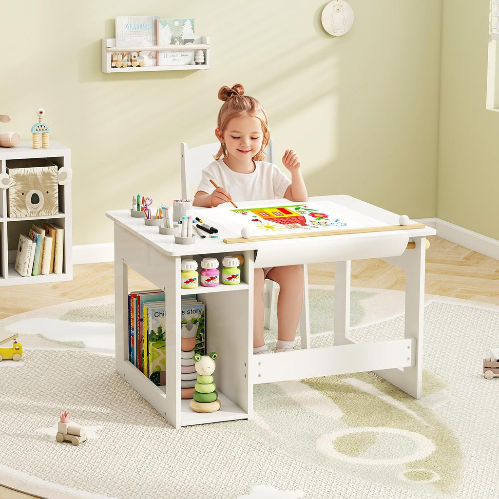White Kids Table and Chair Set, Wooden Arts and Crafts Activity Table w/Paper Roller, 4 Paint Cups & Storage Shelves