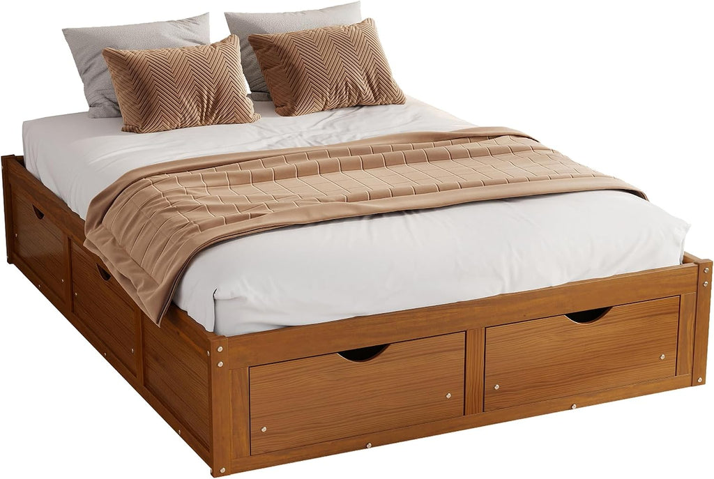 Mid-Century Pine Wood Floor Bed Frame with Storage