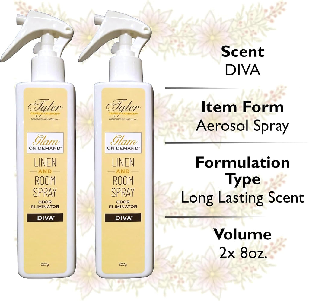 Tyler Glam on Demand - Diva Scent Linen and Room Spray 2 Pack - Air Freshener and Odor Eliminator Bundle with Stain