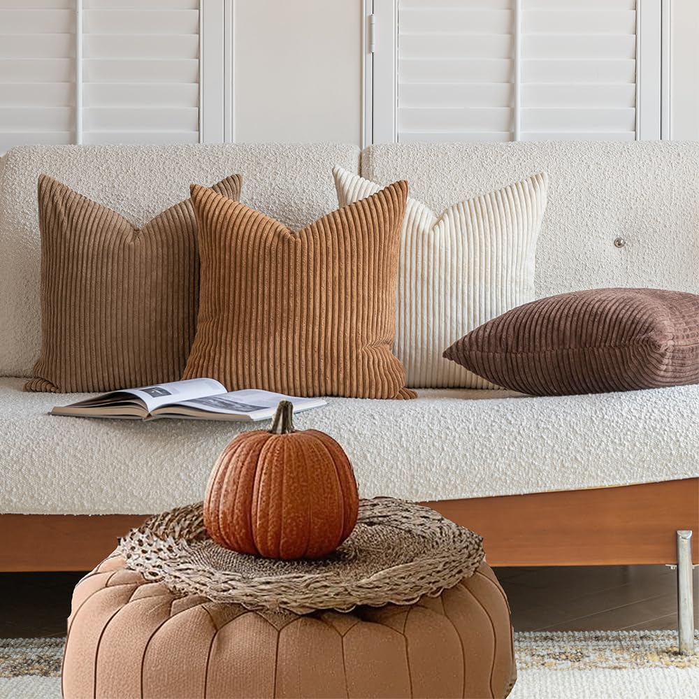 Decorative Corduroy Throw Pillow Covers 20x20 Inch Neutral Brown
