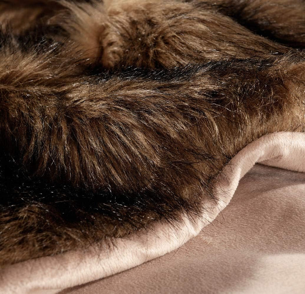 Luxury Plush Faux Fur Throw Blanket, Long Pile Brown with Black Tipped Blanket, Super Warm, Fuzzy, Elegant, Fluffy