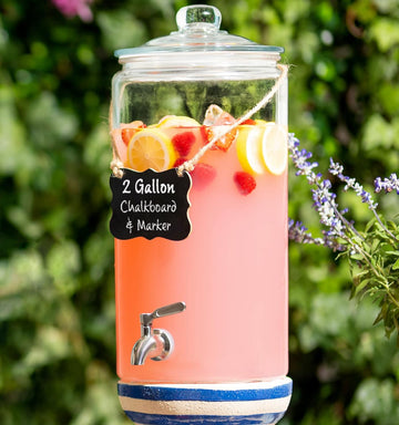 2 Gallon Beverage Serveware with Stainless Steel Spigot + Marker & Chalkboard 100% Leakproof Glass Drink Dispenser