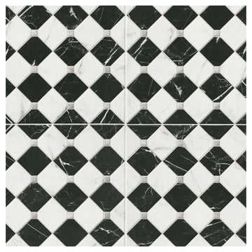 17" x 17" Black & White Matte Marble Look Checkerboard Porcelain Tile, Floor & Wall Tile, Fireplace & Commercial