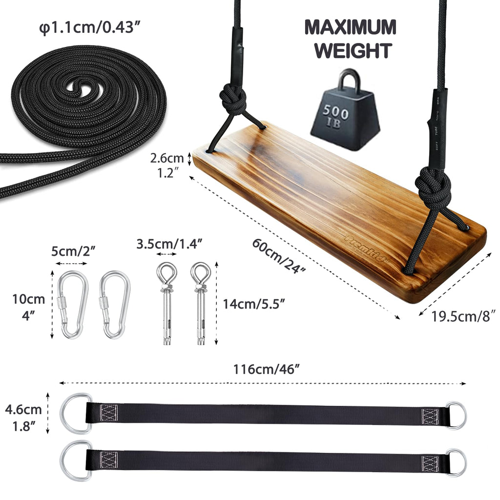 Carbonized Wooden Tree Swing with Adjustable Climbing Rope & Tree Straps