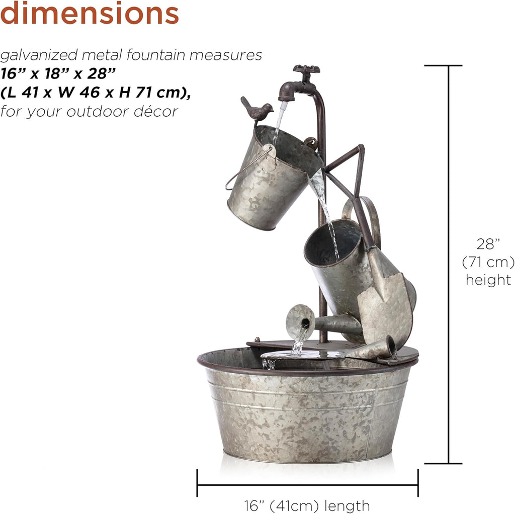 Outdoor Floor 3-Tiered Metal Garden Tools Water Fountain, Tools and Faucet Waterfall, 28", Gray