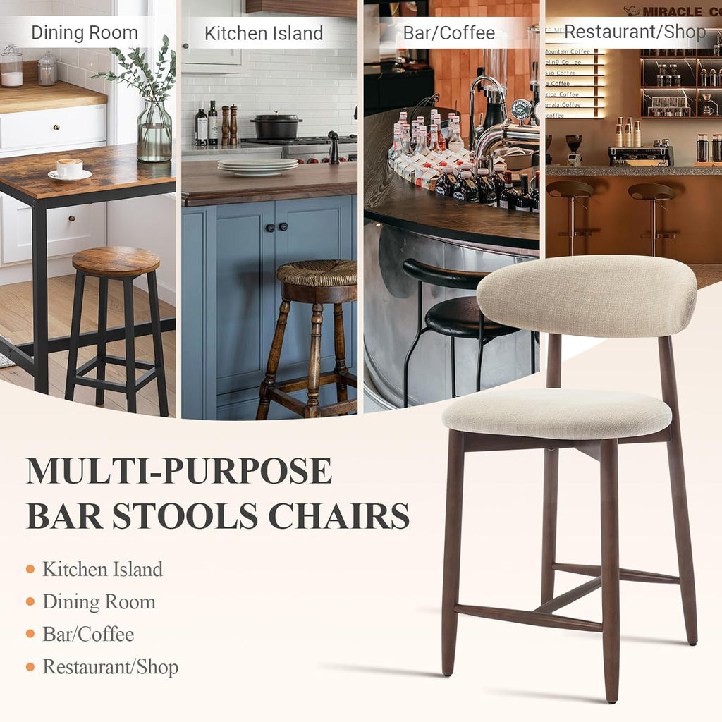 Counter Height Bar Stools Set of 2, Kitchen Bar Stools with Back, Mid Century Modern Upholstered, with Wood Legs
