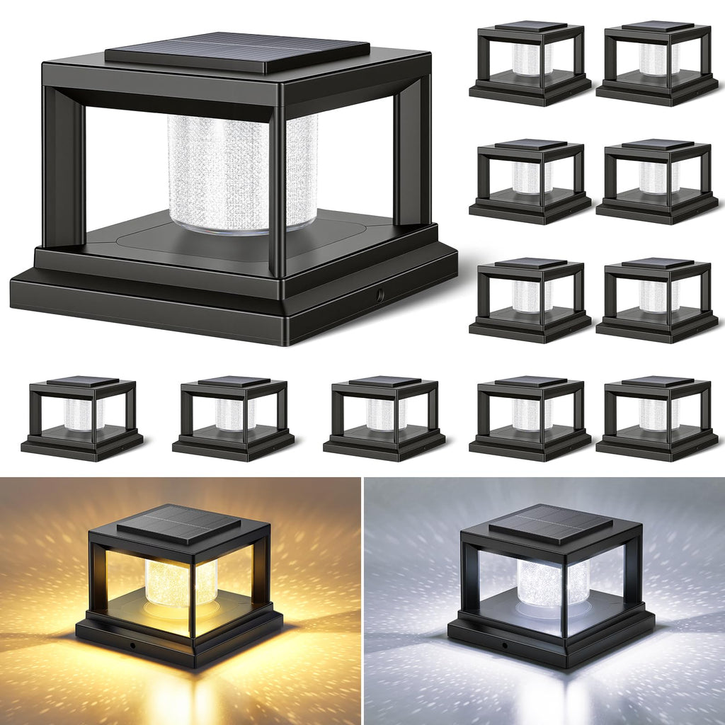 Solar Fence Post Cap Lights 12 Pack Outdoor Waterproof Black