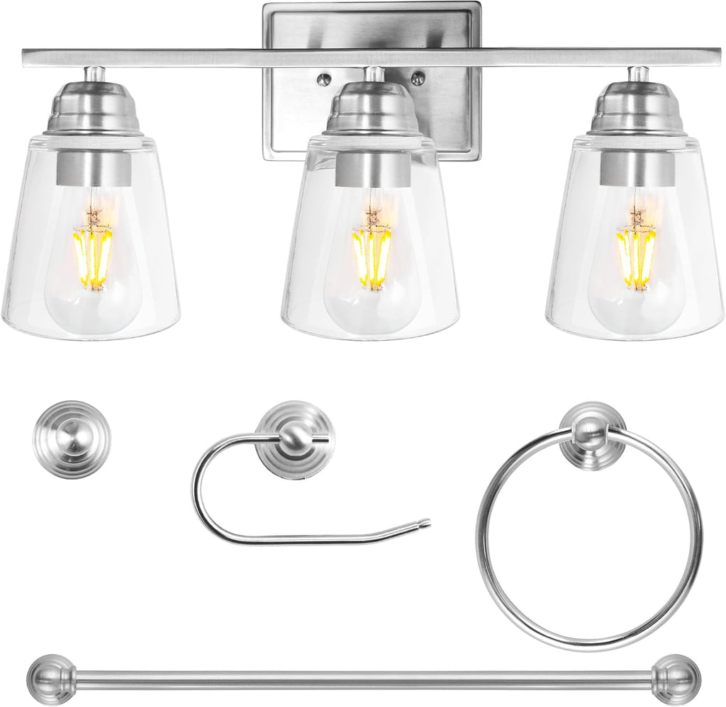 3-Light Bathroom Vanity Light, 5-Piece All-in-One Bathroom Set | 20 Inch Modern Wall Lamp, Brushed Nickel Wall Sconce