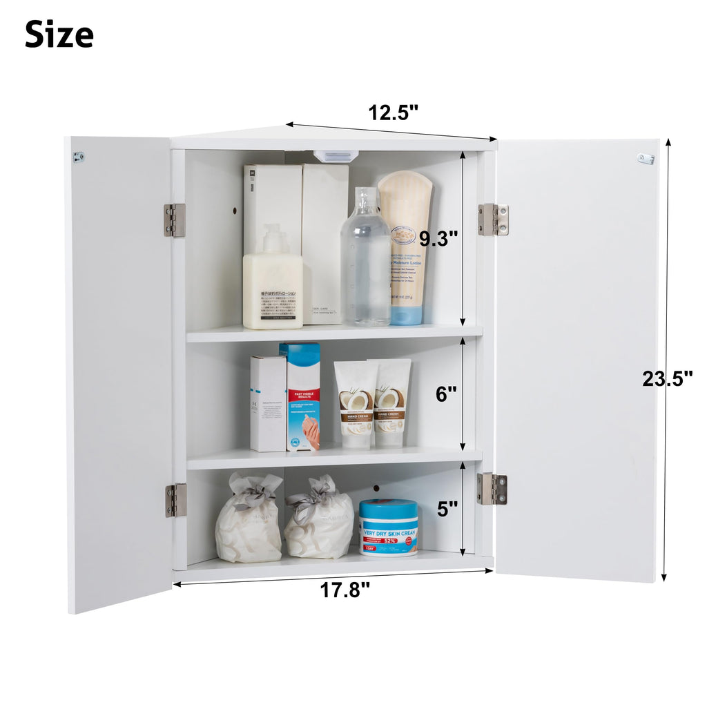 24" Bathroom Corner Medicine Cabinet W/Mirror, Double Doors Bathroom White Wall Mount Mirror Cabinet, Hanging Triple