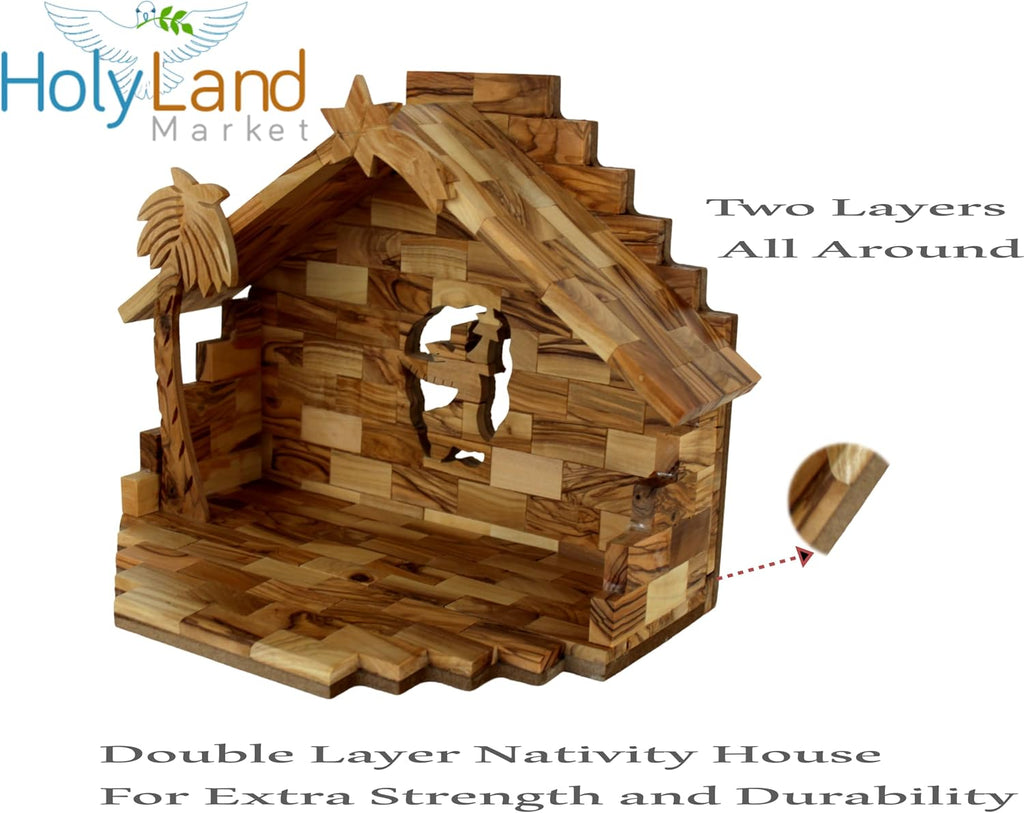 Olive Wood Nativity Set With Stable. Exquisite (14 Pieces Set)