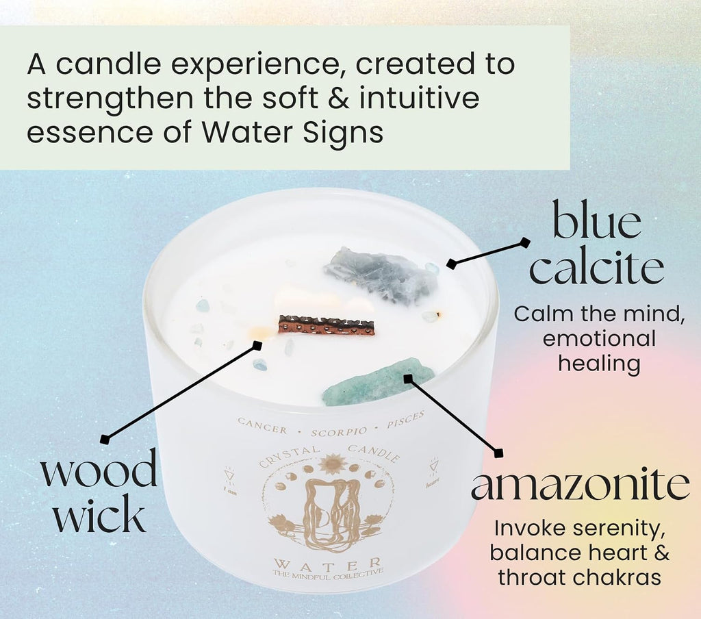 Pisces, Cancer, Scorpio Gifts for Women, Wood Wick Crystal Soy Candle | Blue Calcite & Amazonite crystals