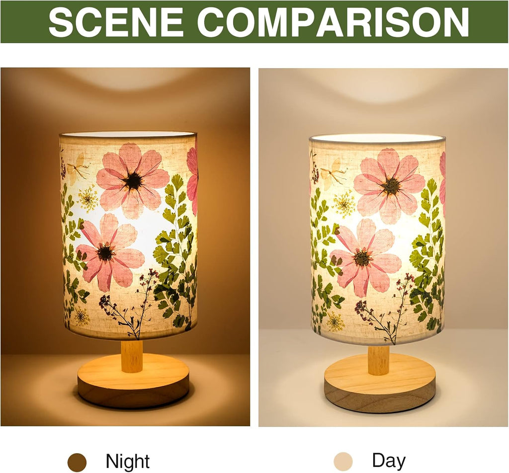 Dried Flowers Small Table Lamp 5W LED Color Bedside Lamp Pressed Flowers Lampshade with Wood Base Living Room Desk