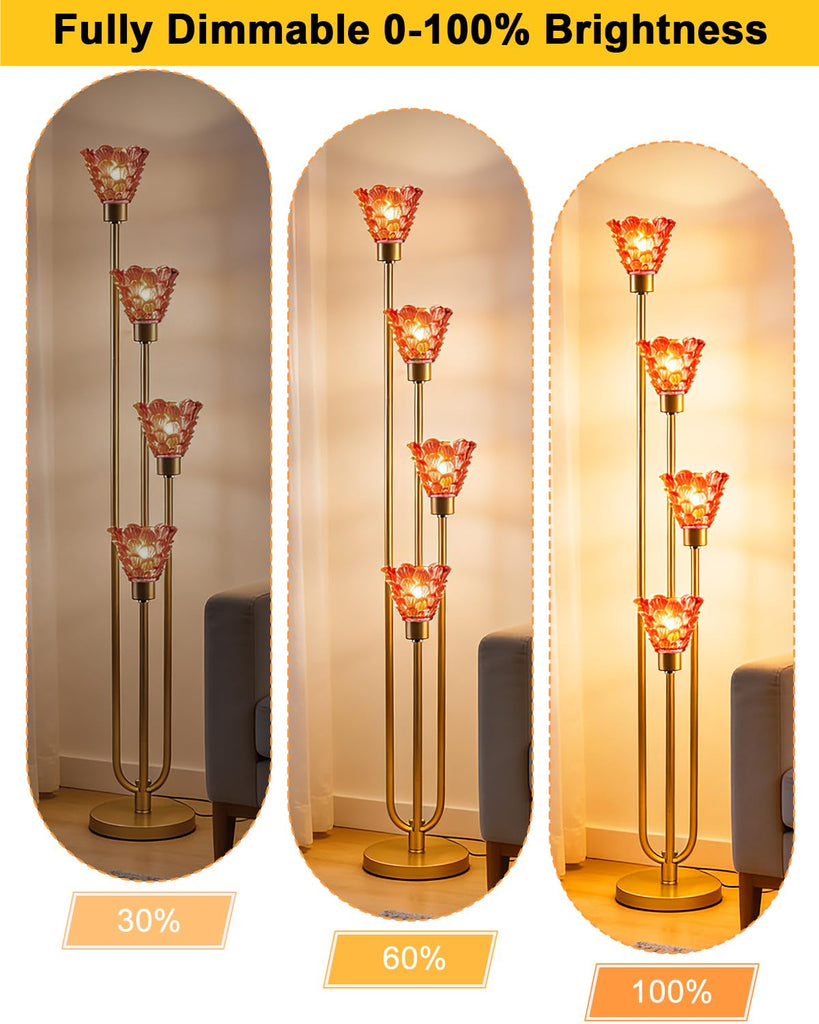 4-Light Modern Glass Floor Lamp, Gold Tall Standing Lamp with Deep Red Flower Glass Shade, Dimmable LED Floor Lamp