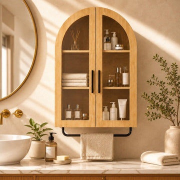 Bathroom Medicine Cabinet, 23.62" W Arched Wall Mounted Storage Cabinet with Glass Doors, Removable Towel Bar