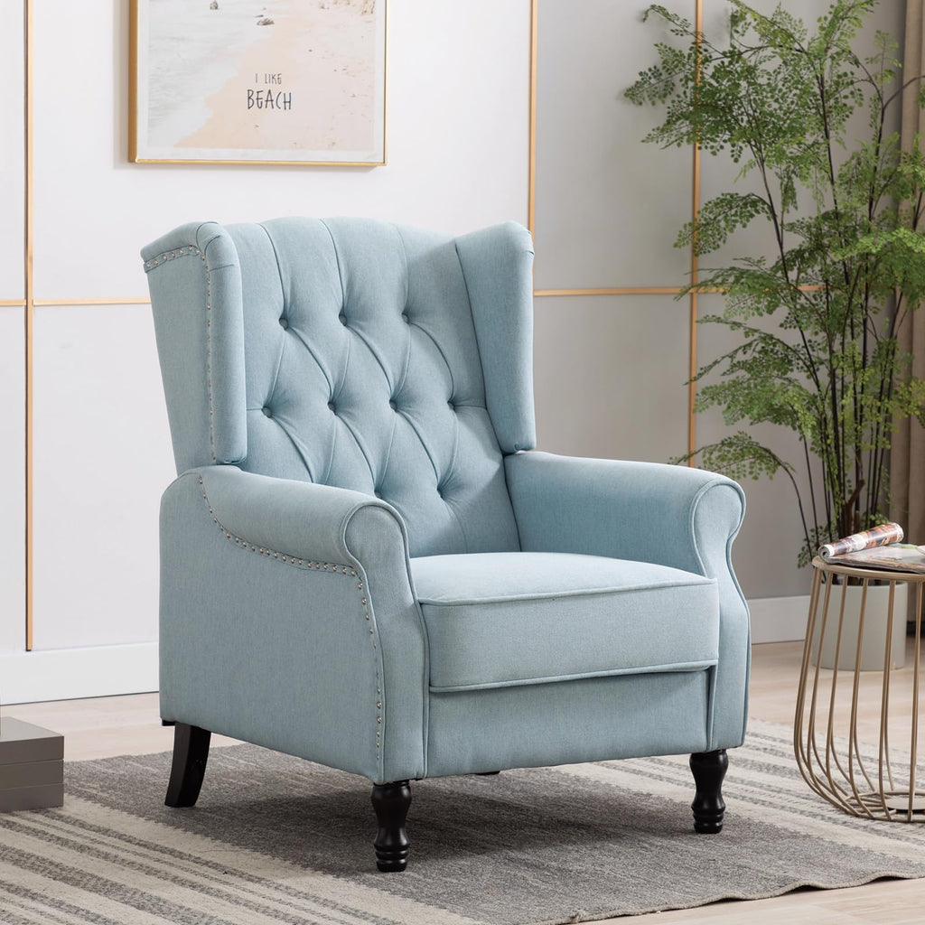 Pushback Recliner, Modern Accent Arm Reclining Sofa, Fabric Wingback Chair, Light Blue