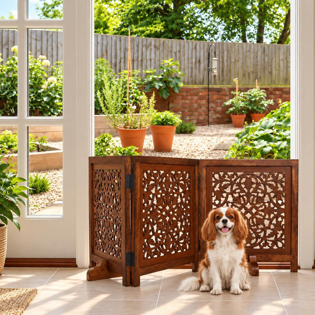 Dog Gate Freestanding 60x24, Burnt Daisy, Folding 3 Panel