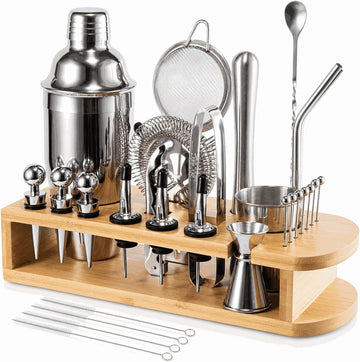 Cocktail Shaker Set, 26-Piece Premium Mixology Bartender Kit - 18/8 Stainless Steel Bar Set with Bamboo Stand - Set of 26