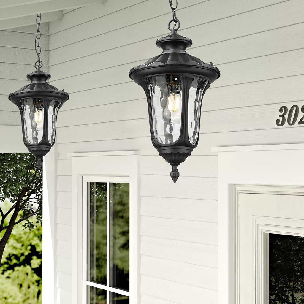 Outdoor Pendant Light for Porch, Exterior Hanging Lantern Outdoor Chandelier in Black Finish for Entryway, Doorway