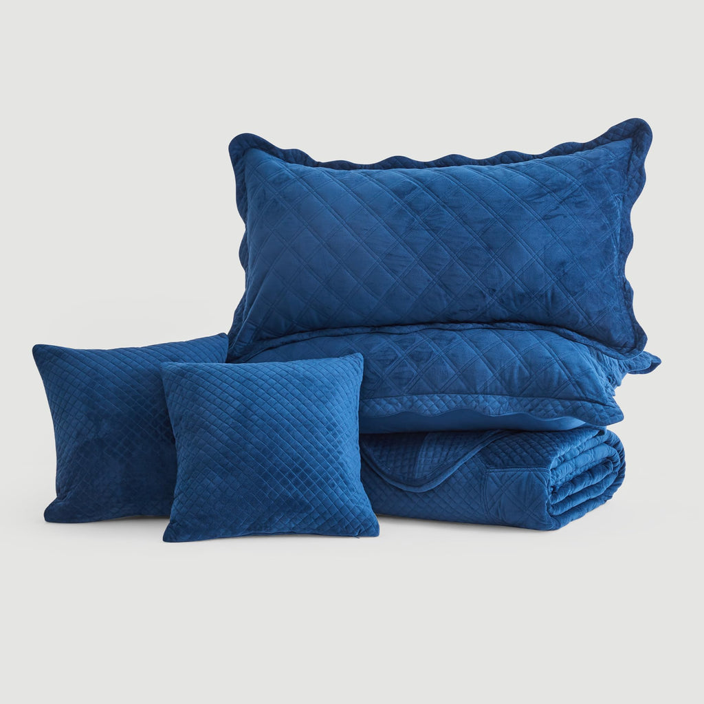 Oversized King Bedspreads 128x120, Velvet Quilt, Navy