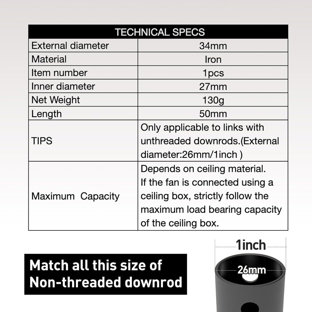 Ceiling Fan Downrod Coupler, Black — Joins Two 1" Non-Threaded Downrods, with Safety Clip