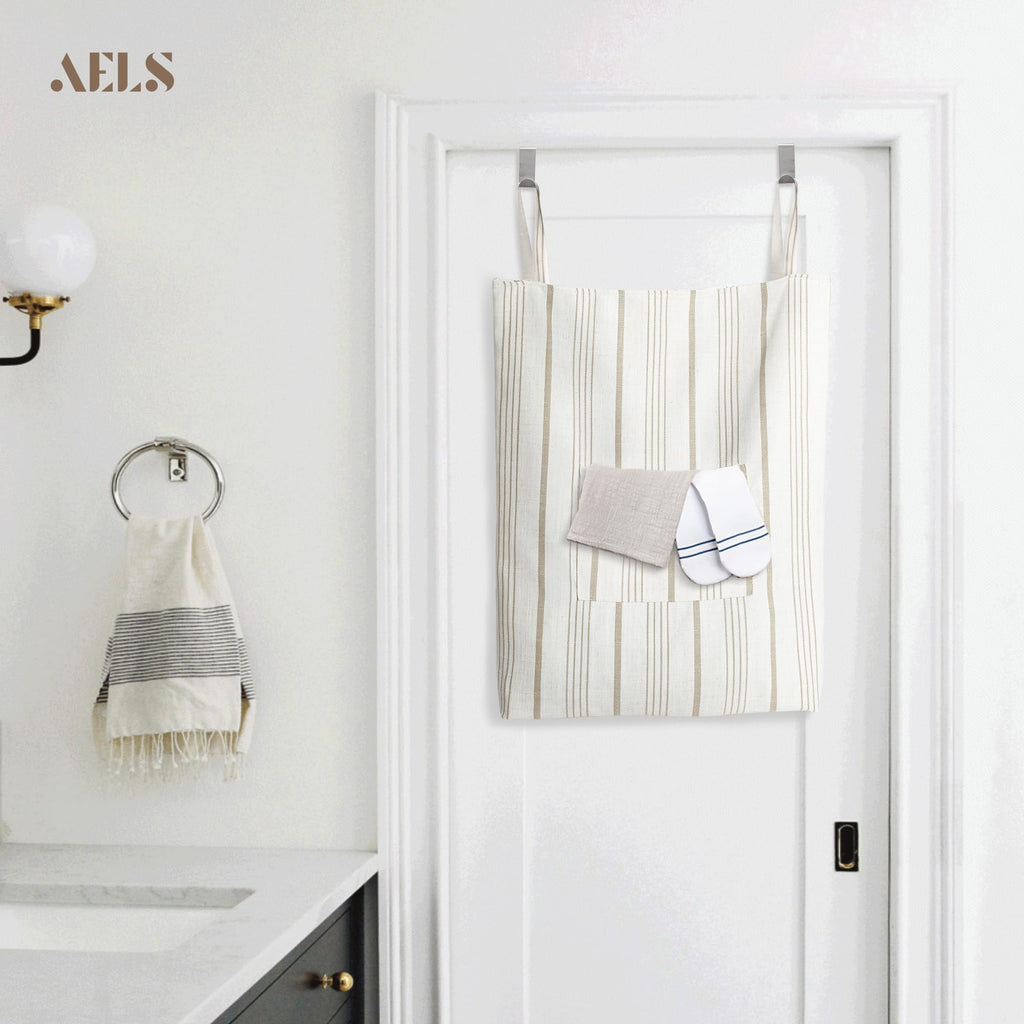 Farmhouse Hanging Laundry Hamper with 2 Hooks, Boho Beige & Light Brown Stripes Laundry Bag with Zipper & Wide Open