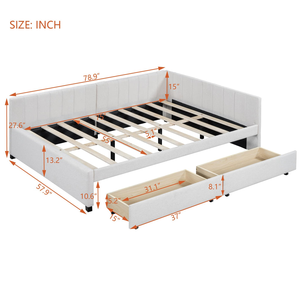 Upholstered Daybed with 2 Storage Drawers, Full Size Sofa Bed Frame, No Box Spring Needed, Linen Fabric, Beige