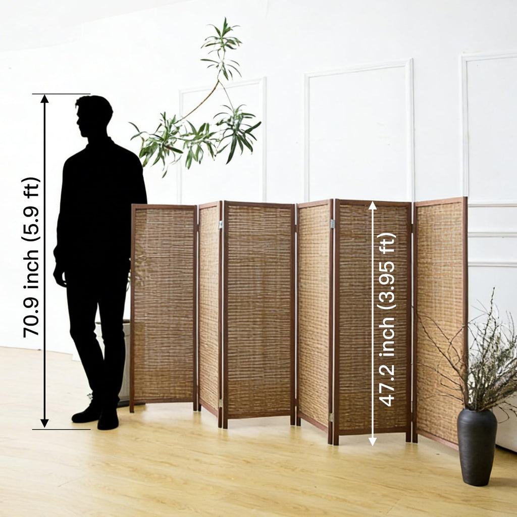 6 Panel Short Room Divider Screen, Brown Freestanding Partition, Small Bamboo Panel Divider for Room Seperation, 3.95 FT