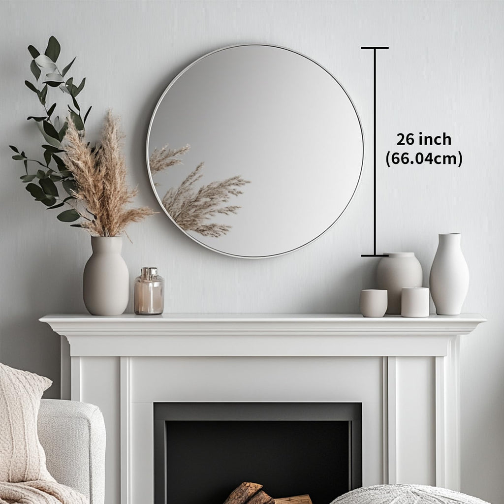Round Mirror, 26 inch Silver Circle Mirror,Bruhsed Nickel Metal Frame