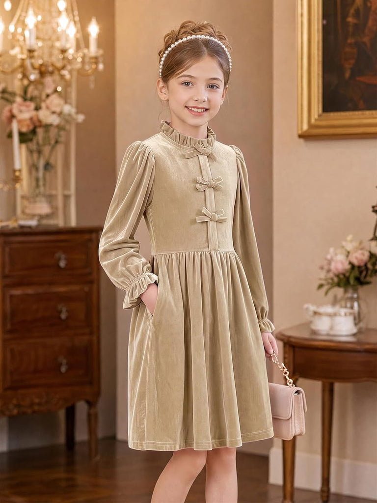 Girls Velvet Long Sleeve Dress Ruffled A-Line Party Dresses