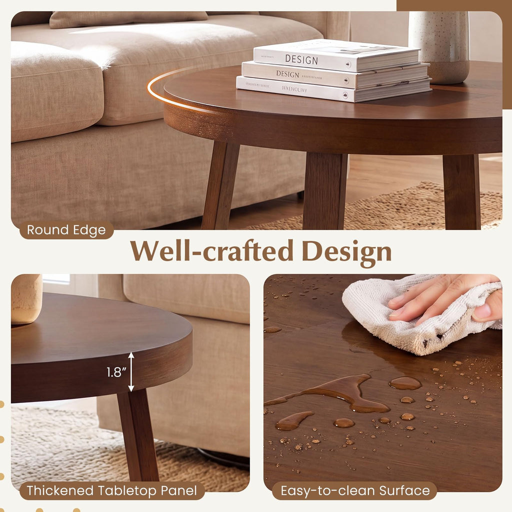 Round Coffee Table, 30" Wood Center Table, Walnut