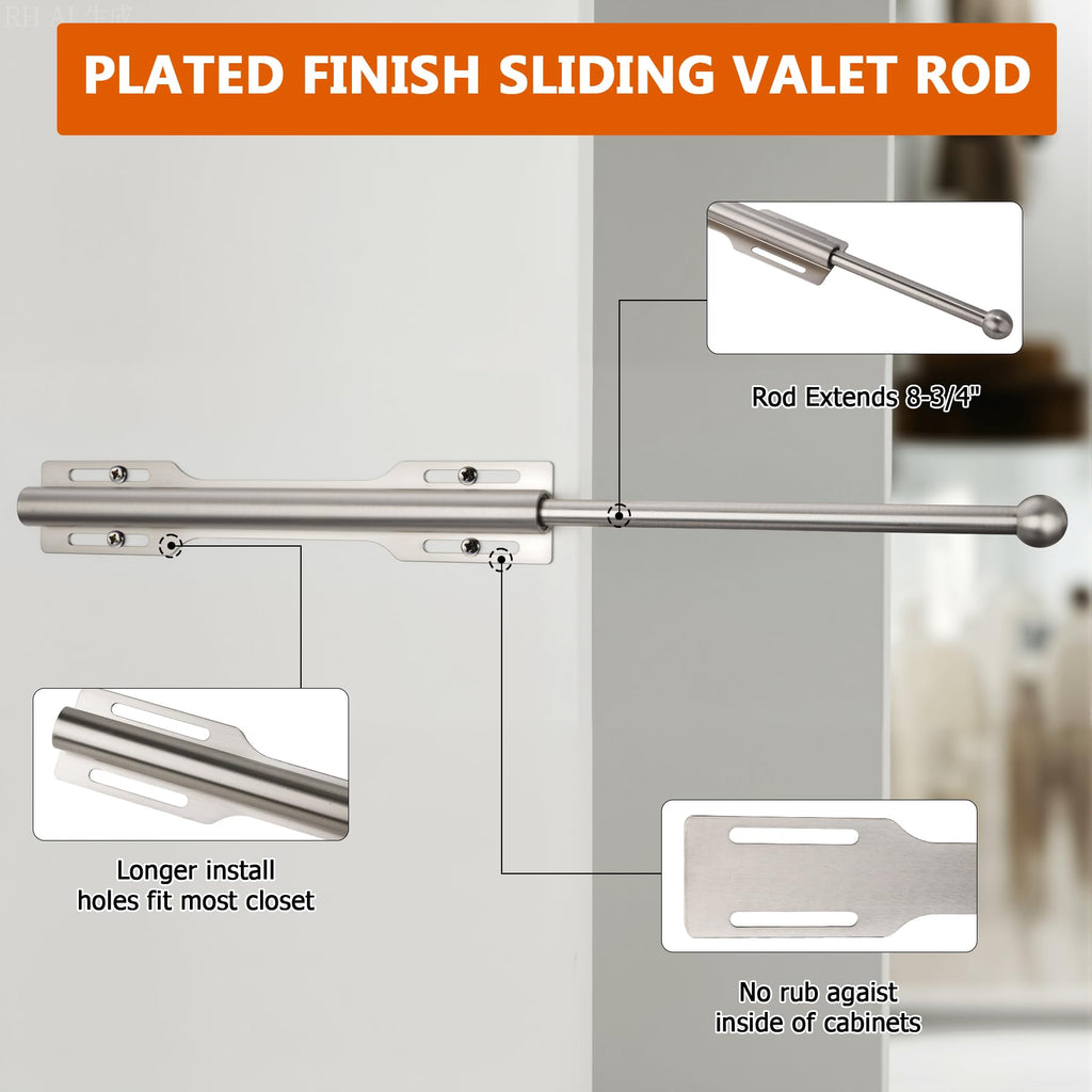 2 Pack Valet Rod for Closet Pull Out, Rod Laundry Room Bathroom, Nickel