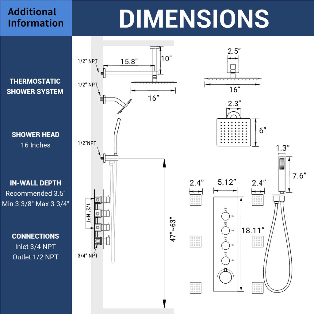 Thermostatic Dual Shower Head System with 6 Body Jets, 6-Inch Shower Head & 16" Rainfall Shower, Luxury Matte Black