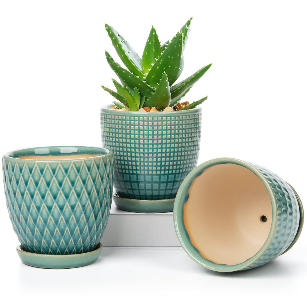 4 inches Ceramic Planters Pots for Indoor Plants 3 Set of Small Round Flower Pots with Drainage Hole and Ceramic Tray