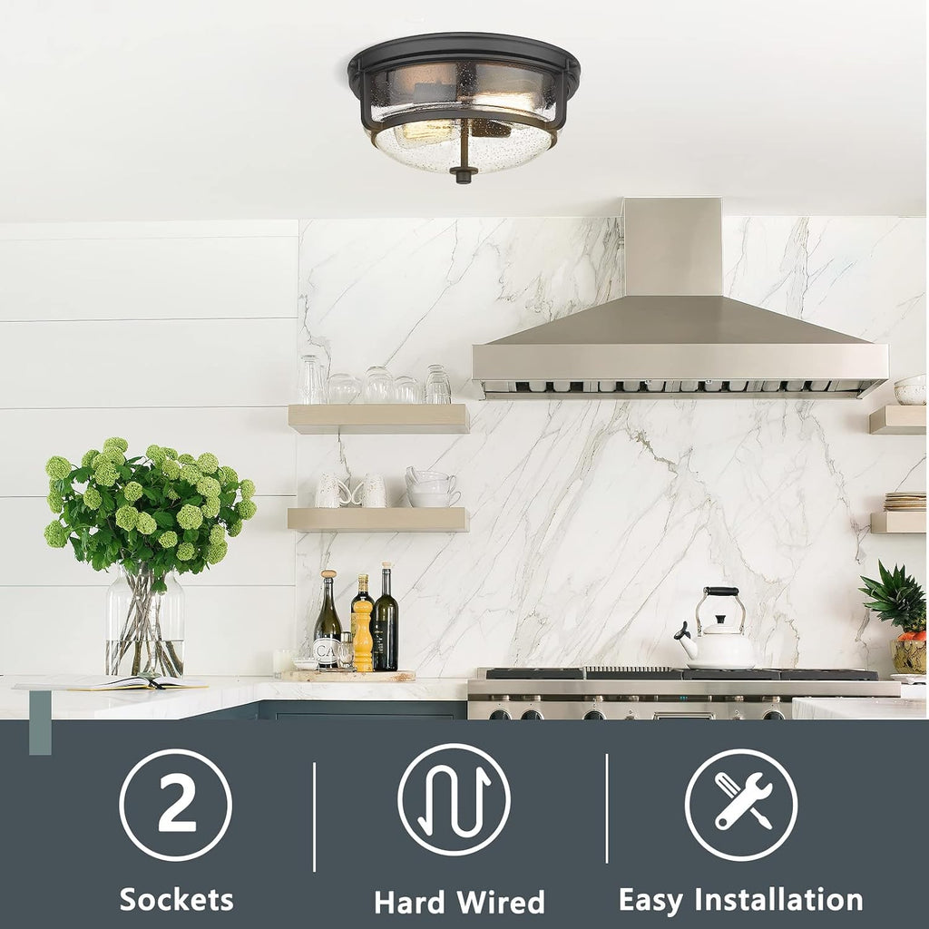 12 Inch Ceiling Light with Seeded Glass Shade - Indoor Outdoor Modern Flush Mount Ceiling Light Fixture, Black Finish