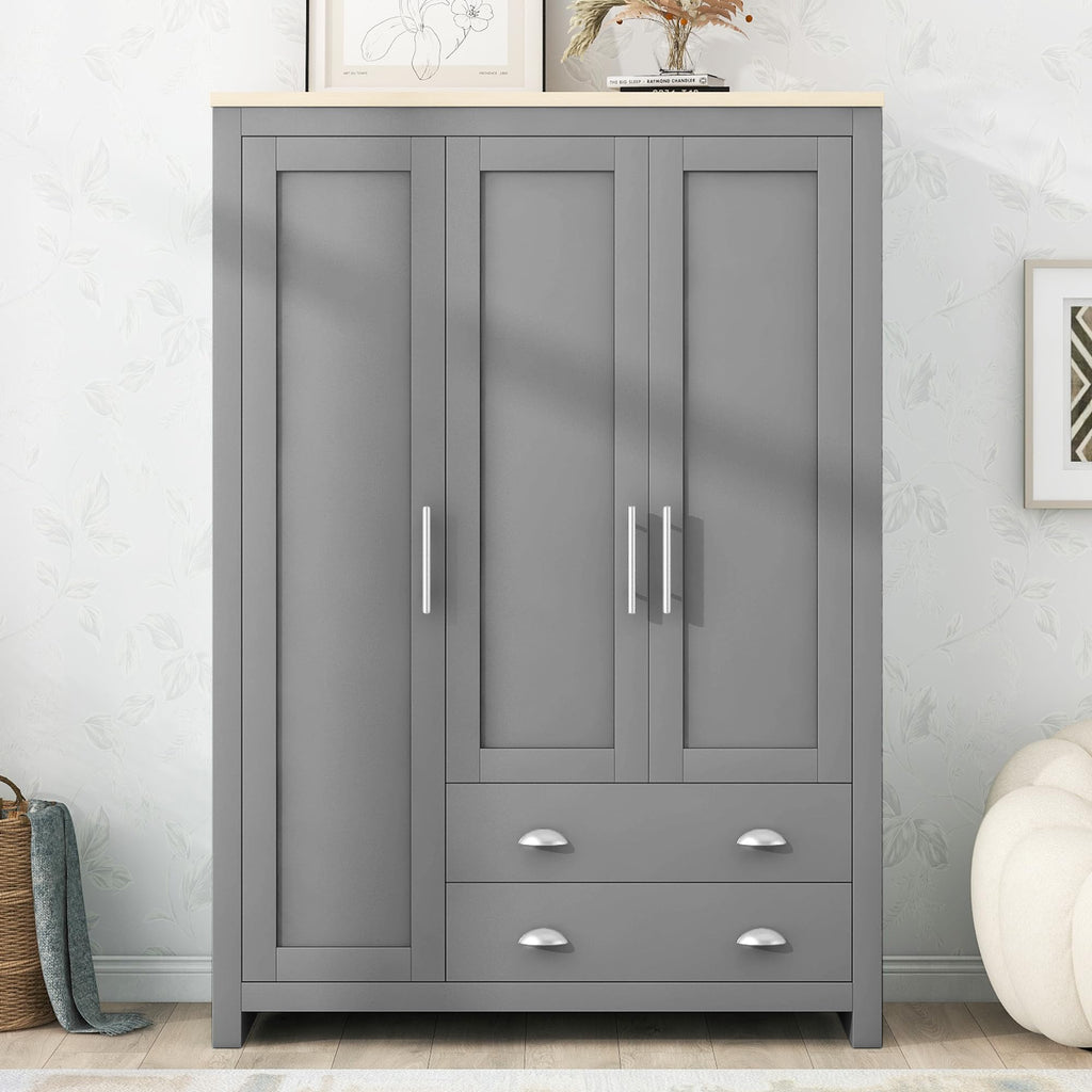 3 Doors Armoire Wardrobe Closet with 2 Drawers, 67.9" H Wooden Closet Wardrobe Cabinet with 2 Hanging Rods and