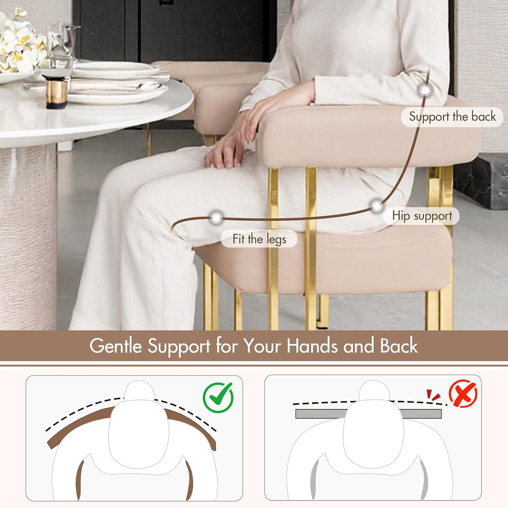 Velvet Dining Chairs Set of 4, Khaki Upholstered Barrel Armchairs with Gold Metal Legs for Kitchen Island, Mid