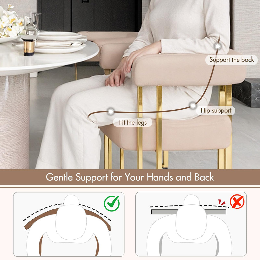 Velvet Dining Chairs Set of 6, Khaki Upholstered Barrel Armchairs with Gold Metal Legs Island, Mid Century Modern