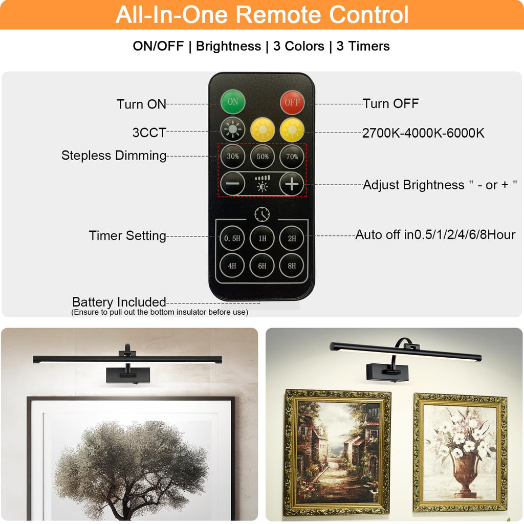 Picture Light Battery Operated with Remote, 3CCT Dimmable Picture Light for Paintings, Black Rechargeable 24 inch