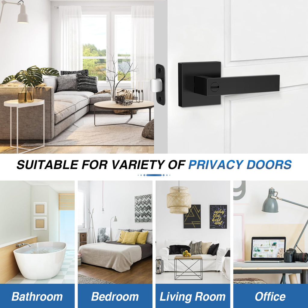 3 Pack Matte Black Door Handles, Keyless Interior Door Knobs, Privacy Door Lever Locksets Bathroom, Heavy Duty Square