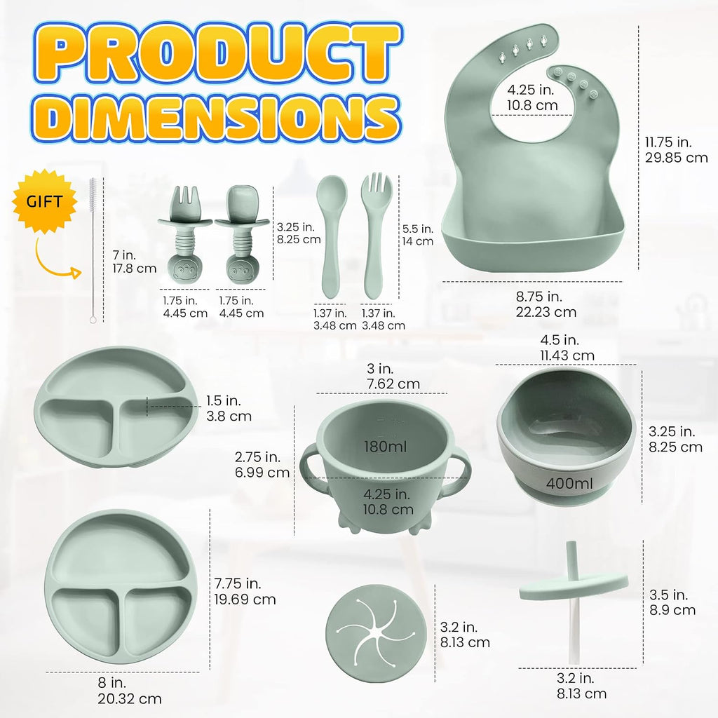 Baby Led Weaning Supplies | 10 Piece Silicone Baby Feeding Set, Baby Toddler Bib Cup Divided Plate and Bowl Self
