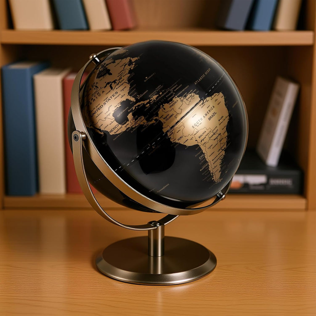 9-Inch Metallic Black World Globe, 720° Rotating Earth Globe w/Metal Stand for Modern Desktop Decoration
