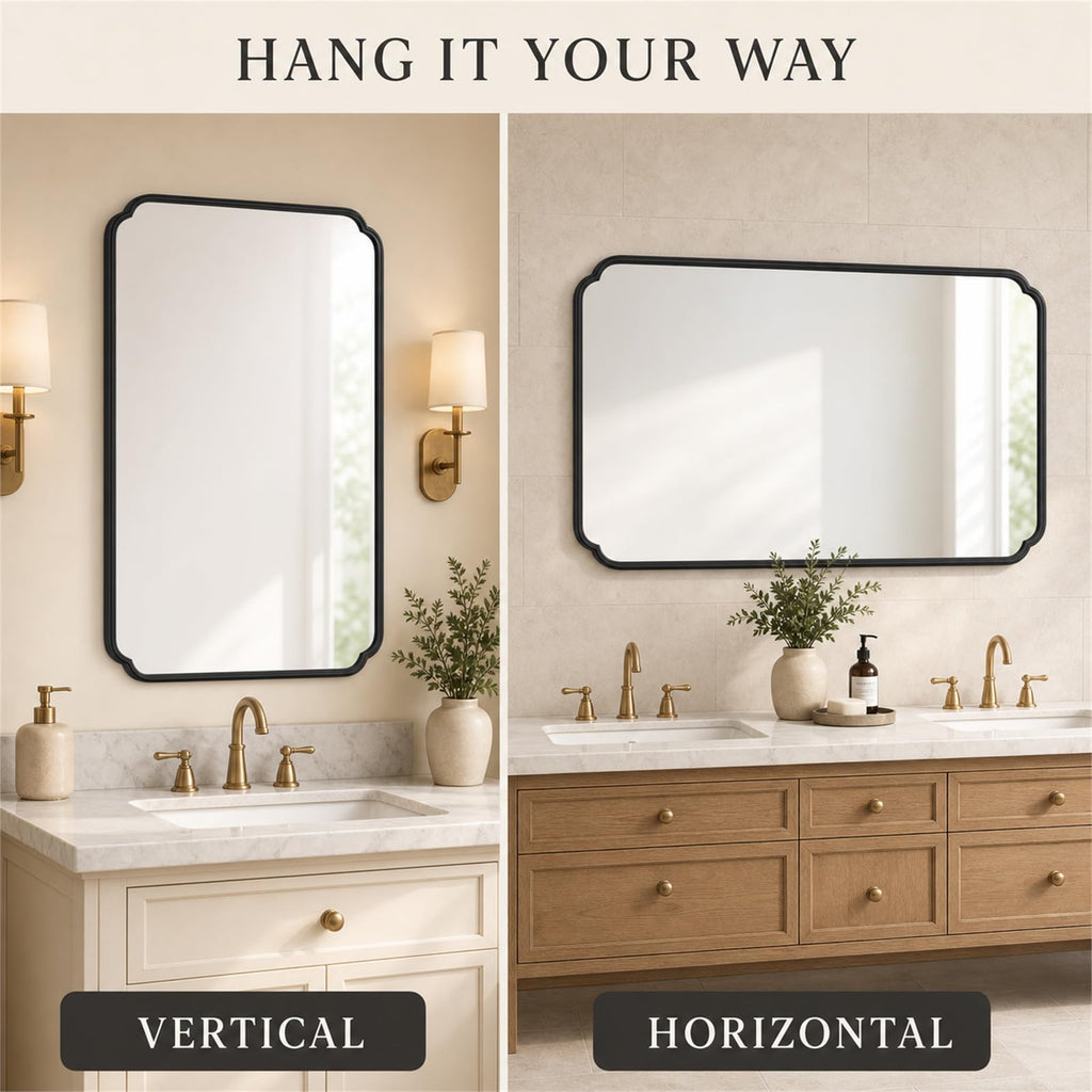 Matte Black Bathroom Mirror 55×36 Inch, Large Rounded Rectangle Metal Framed Wall Mount Vanity Mirror, Farmhouse