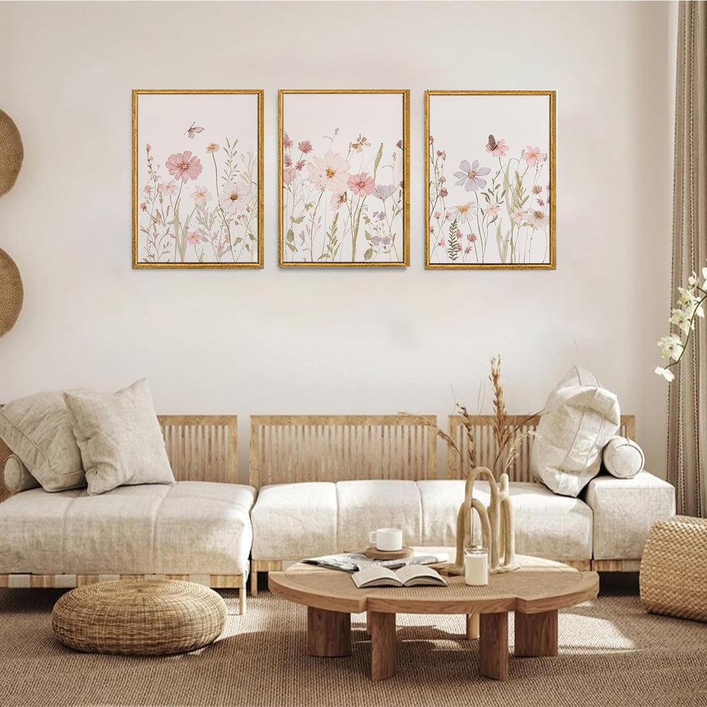 3 Piece Framed Wall Art Wildflower Wall Decor Botanical Canvas Art Floral Pictures Watercolor Paintings Pink Artwork