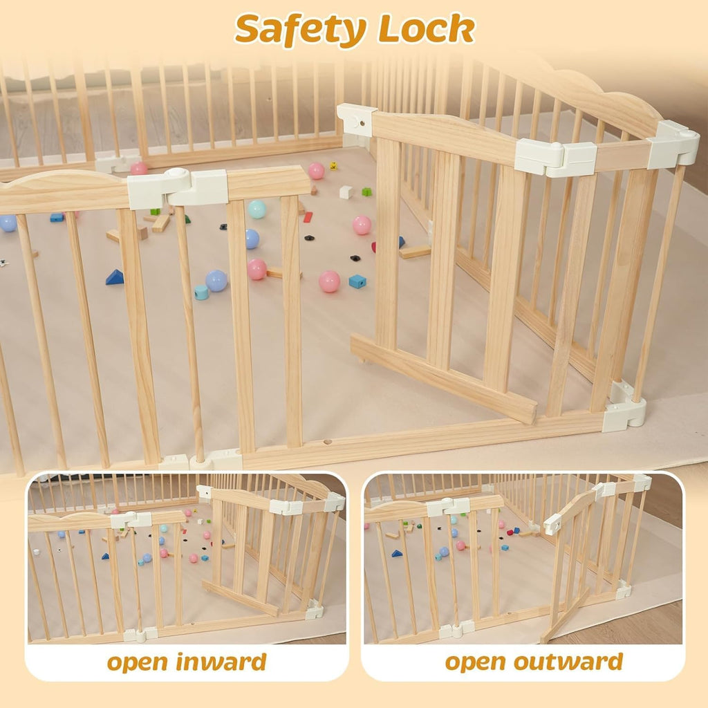 Wooden Baby Playpen 69x103 Inch Foldable Toddler Fence with Safety Lock | Extra Large Natural Wood Foldable Baby